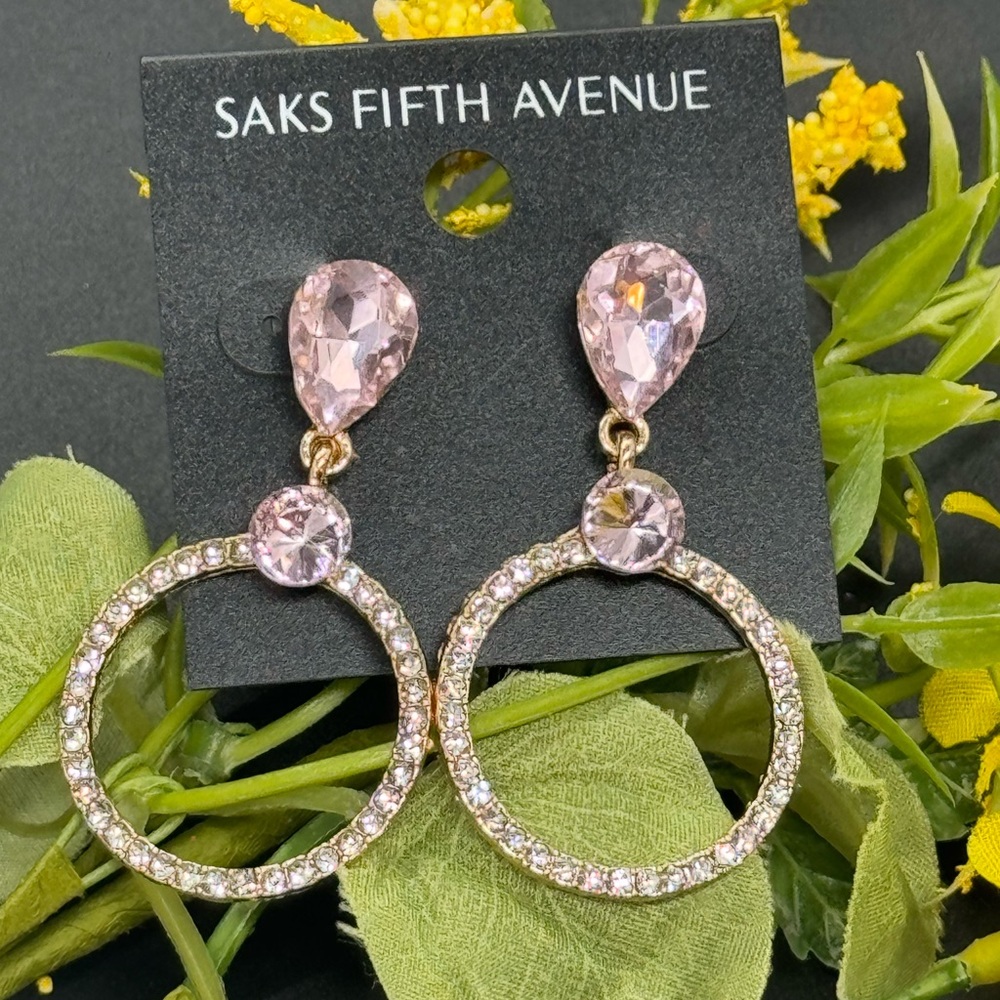 Saks Fifth Ave Pink Teardrop Crystal Post With Drop Hoop Pave Earrings